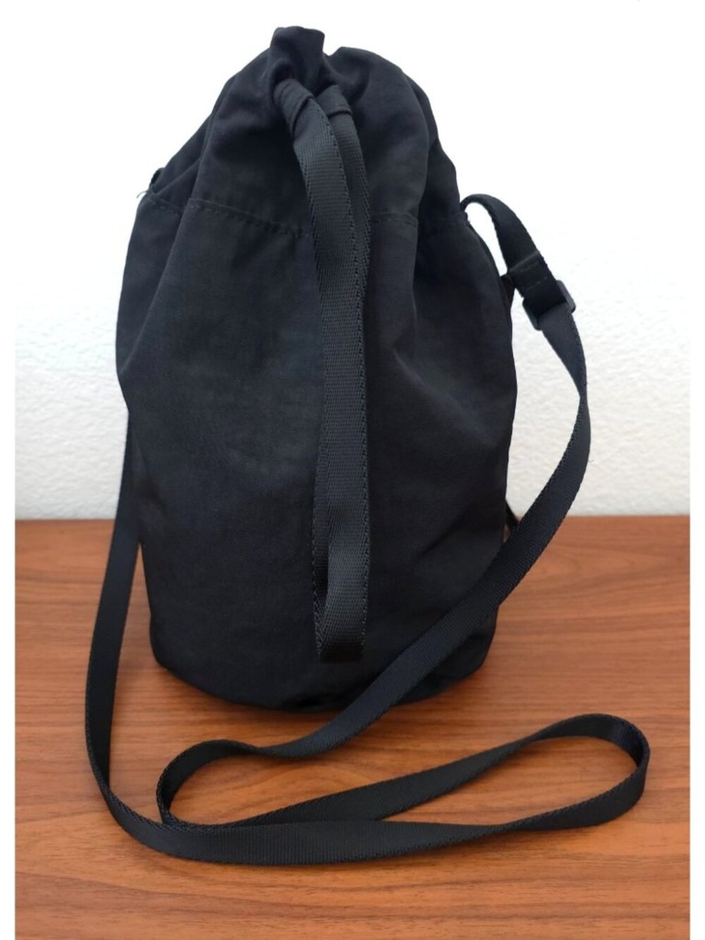 BAGGU Black Nylon Drawstring Bucket Bag w/ Zippered Pocket & Adjustable Strap